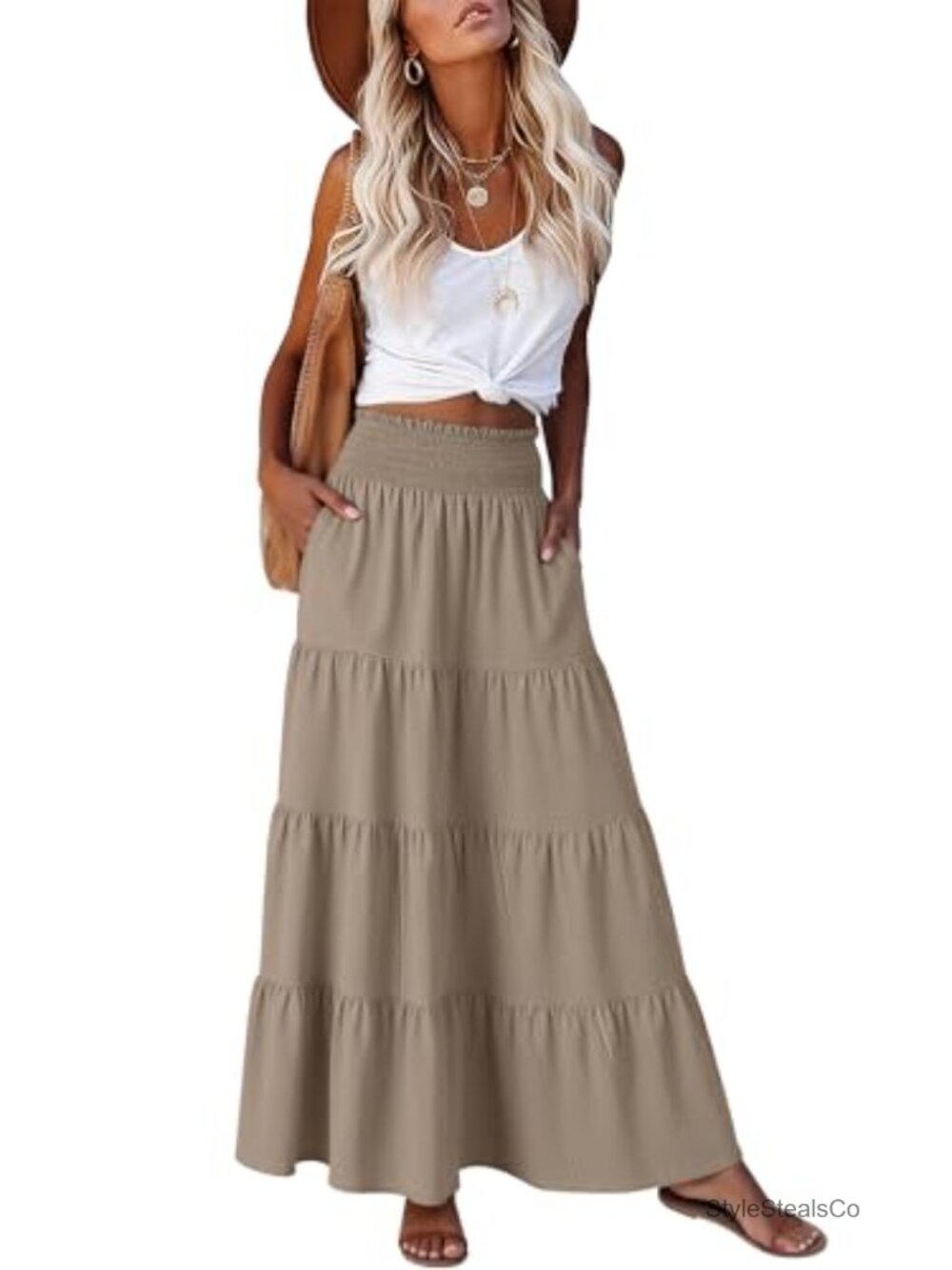 Womens Elastic High Waist A-Line Tiered Maxi Skirt Flowy Boho Long Skirt
